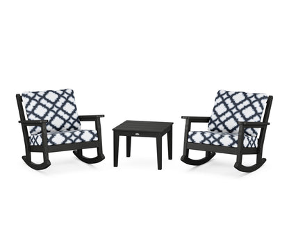 POLYWOOD® Chippendale 3-Piece Deep Seating Rocker Set in Black / Trellis Marine Indigo