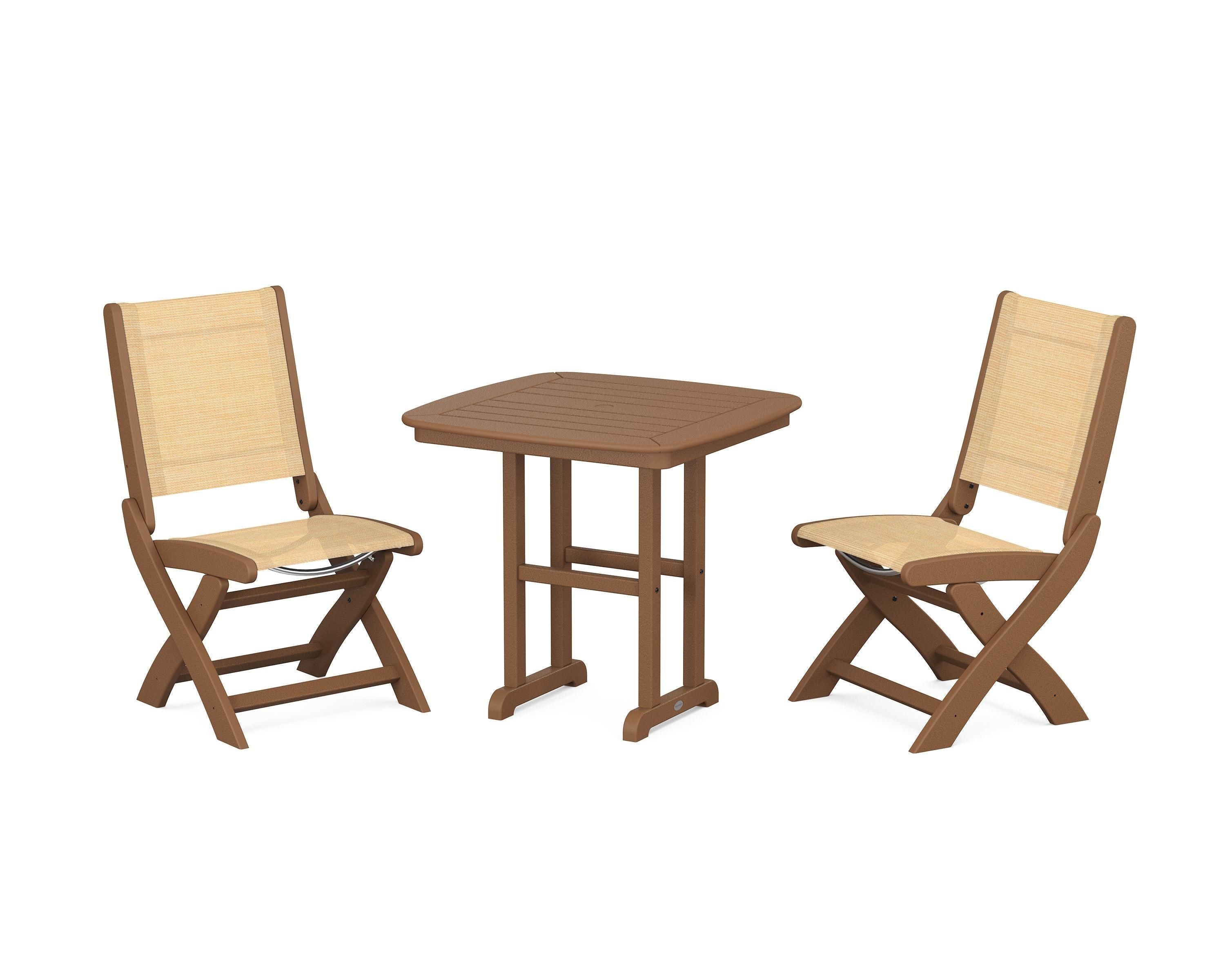 POLYWOOD® Coastal Folding Side Chair 3-Piece Dining Set in Teak / Dupioni Apricot Sling