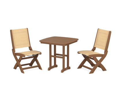 POLYWOOD® Coastal Folding Side Chair 3-Piece Dining Set in Teak / Dupioni Apricot Sling