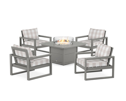POLYWOOD® EDGE Sectional 5-Piece Deep Seating Set with Fire Pit Table in Slate Grey / Buffalo Plaid Dune Burlap