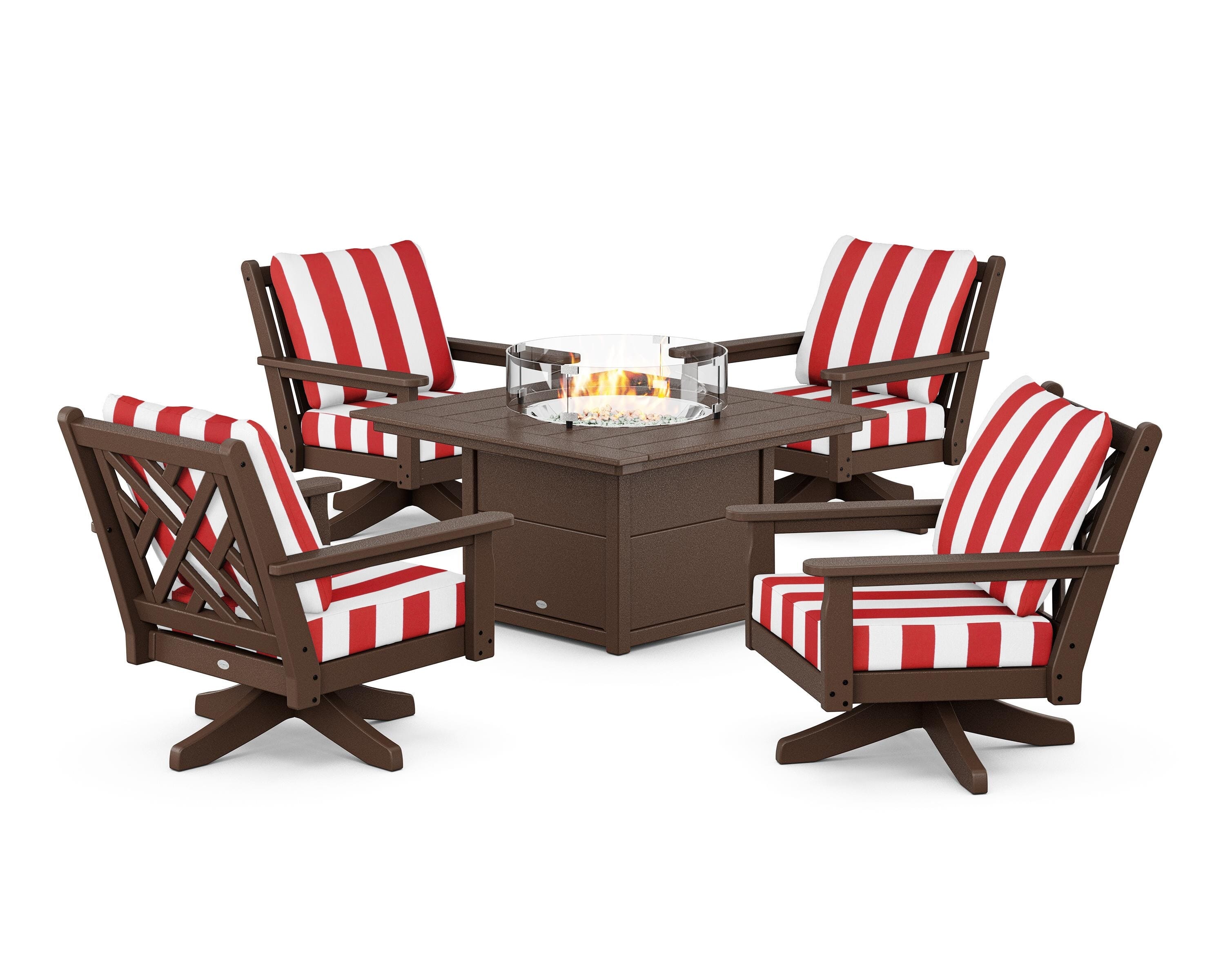 POLYWOOD® Chippendale 5-Piece Deep Seating Swivel Conversation Set with Fire Pit Table in Mahogany / Cabana Stripe Crimson