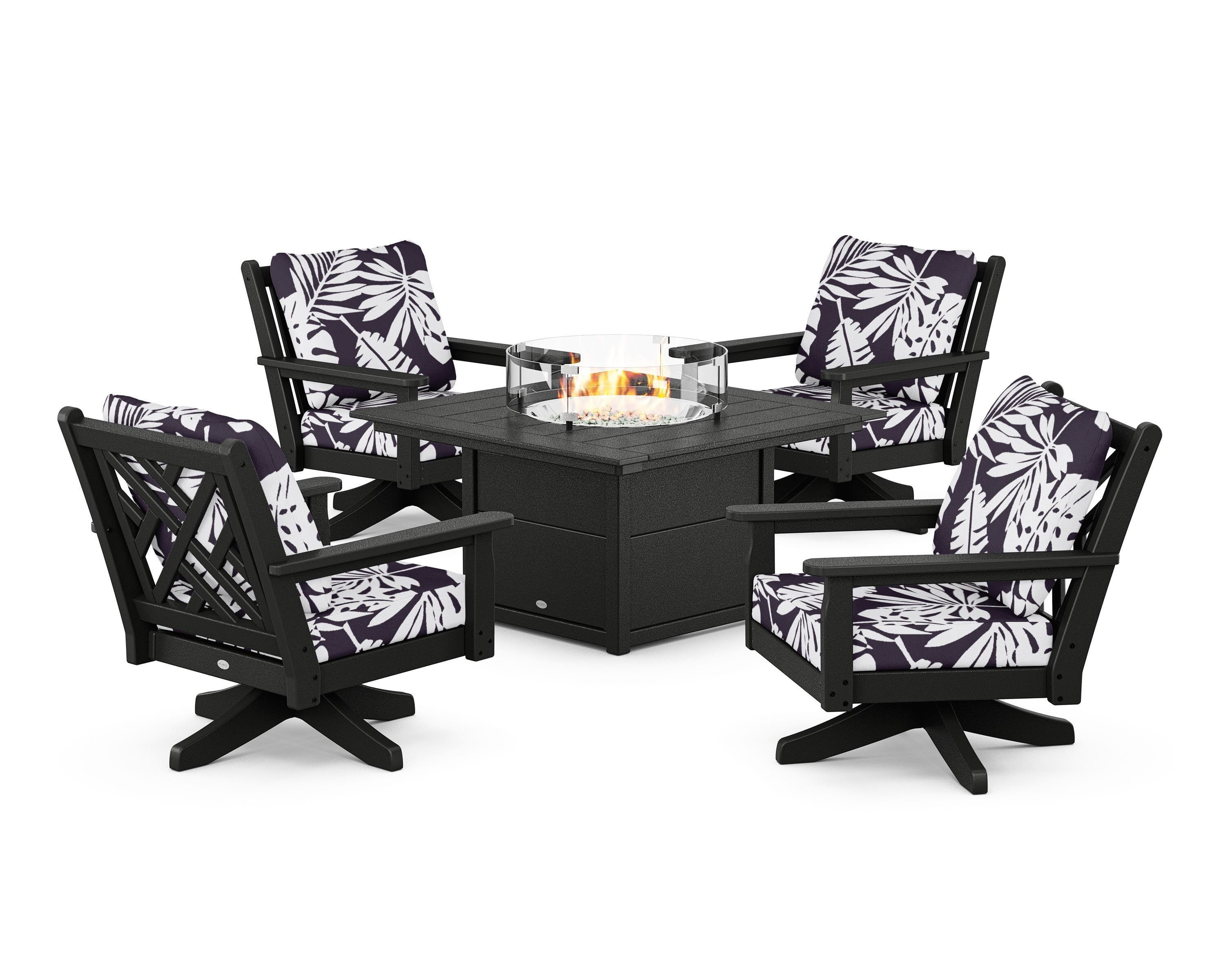 POLYWOOD® Chippendale 5-Piece Deep Seating Swivel Conversation Set with Fire Pit Table in Black / Leaf Navy
