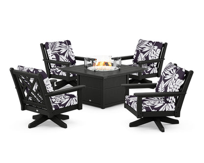 POLYWOOD® Chippendale 5-Piece Deep Seating Swivel Conversation Set with Fire Pit Table in Black / Leaf Navy