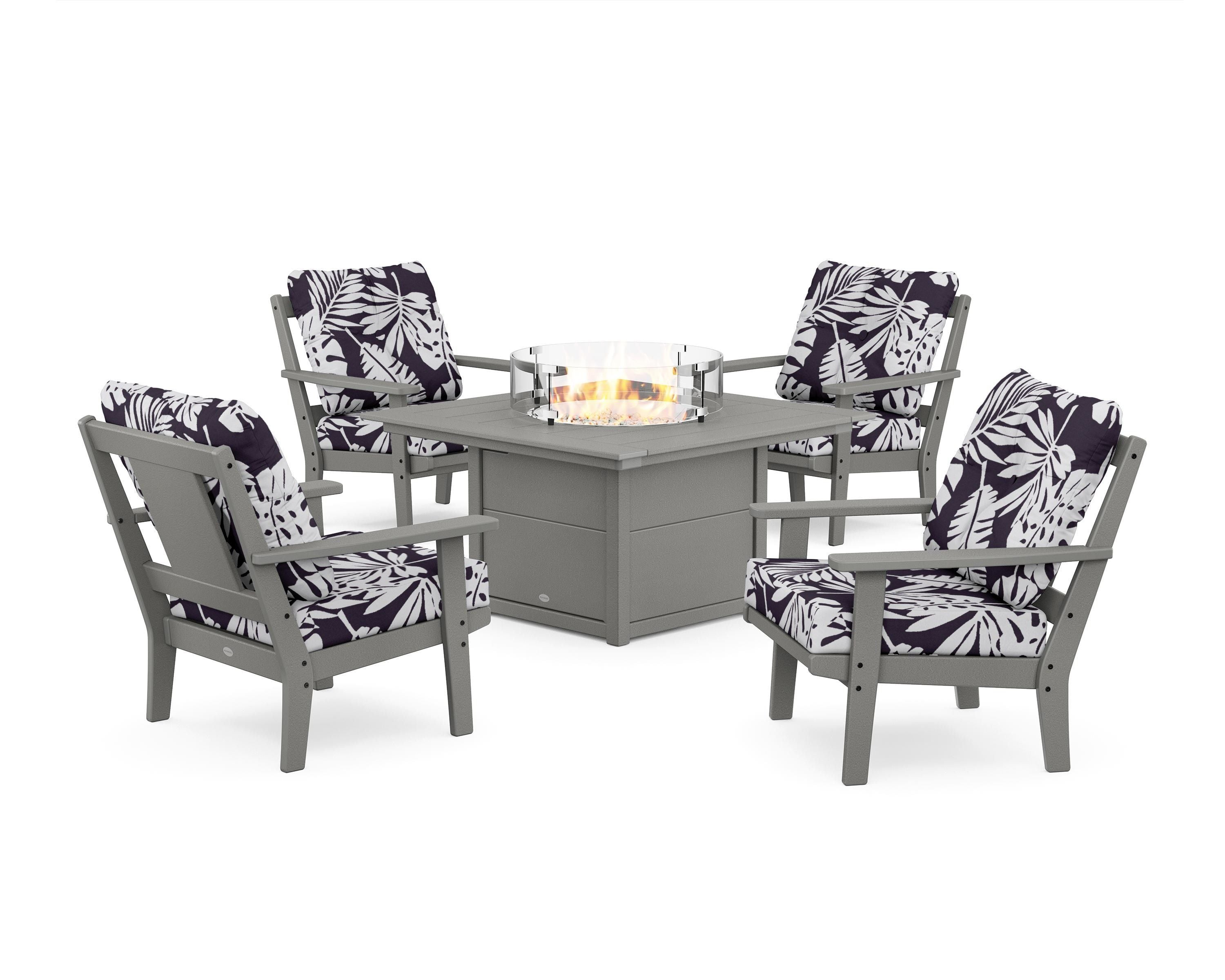POLYWOOD® Prairie 5-Piece Deep Seating Set with Fire Pit Table in Slate Grey / Leaf Navy