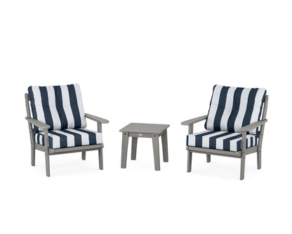 POLYWOOD® Mission 3-Piece Deep Seating Set in Slate Grey / Cabana Stripe Marine Indigo