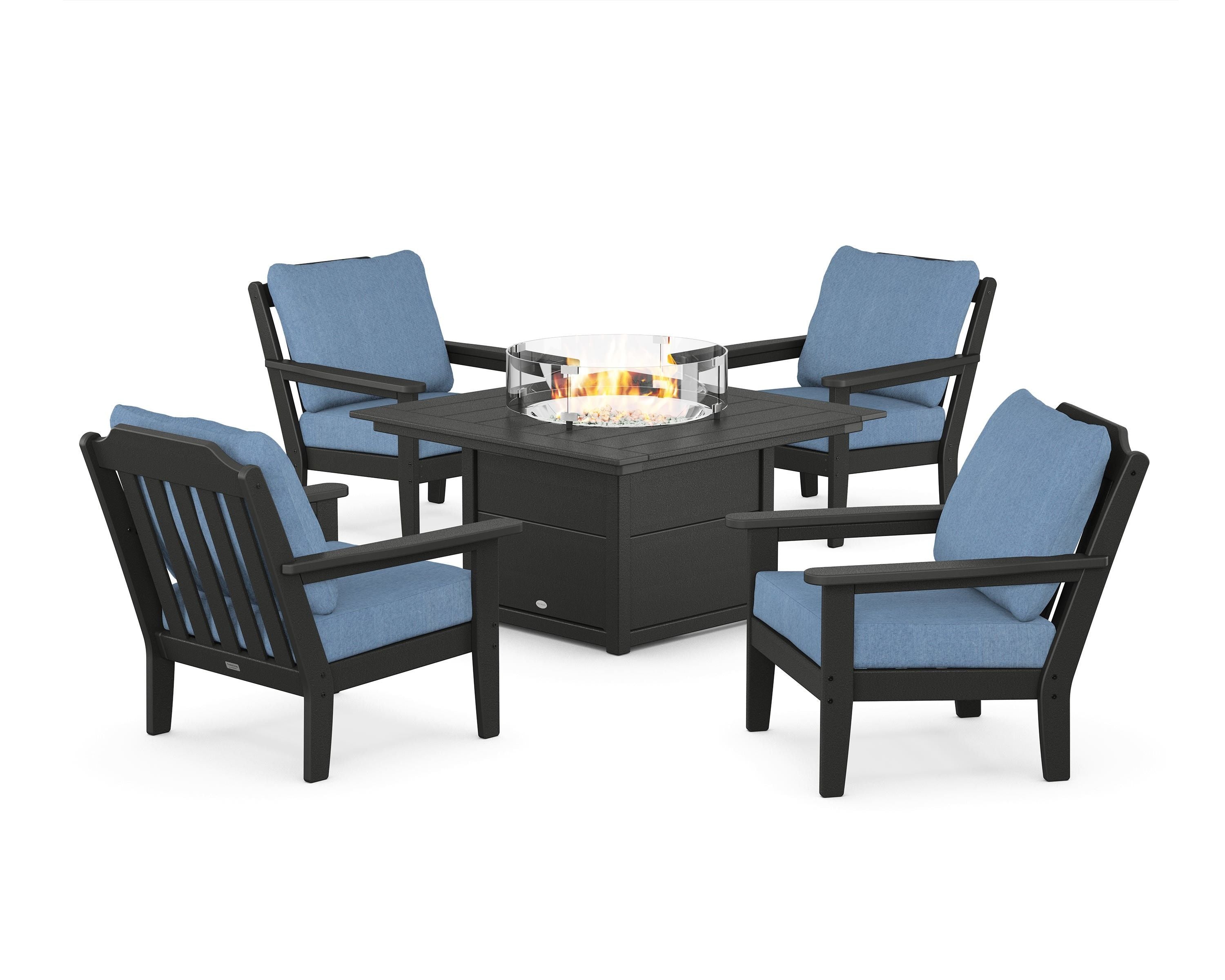 Country Living Cottage 5-Piece Deep Seating Set with Fire Pit Table in Black / Sky Blue