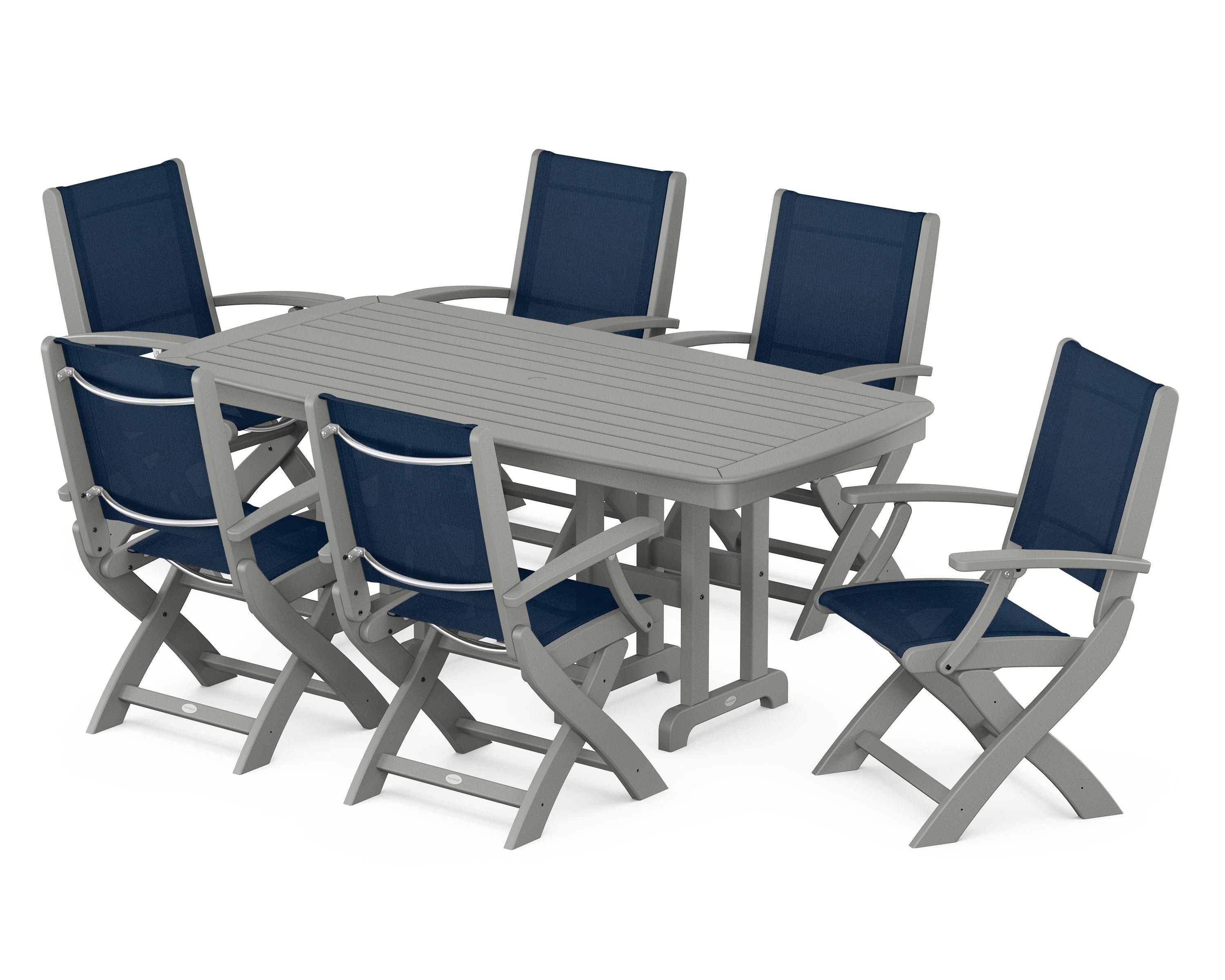 POLYWOOD® Coastal Folding Arm Chair 7-Piece Dining Set in Slate Grey / Navy Blue Sling