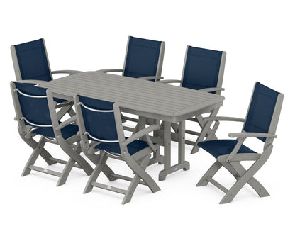 POLYWOOD® Coastal Folding Arm Chair 7-Piece Dining Set in Slate Grey / Navy Blue Sling