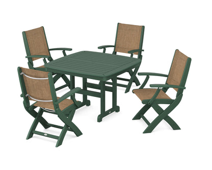 POLYWOOD® Coastal Folding Chair 5-Piece Dining Set in Green / Burlap Sling
