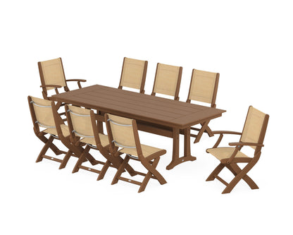 POLYWOOD® Coastal 9-Piece Folding Dining Chair Farmhouse Dining Set with Trestle Legs in Teak / Dupioni Apricot Sling