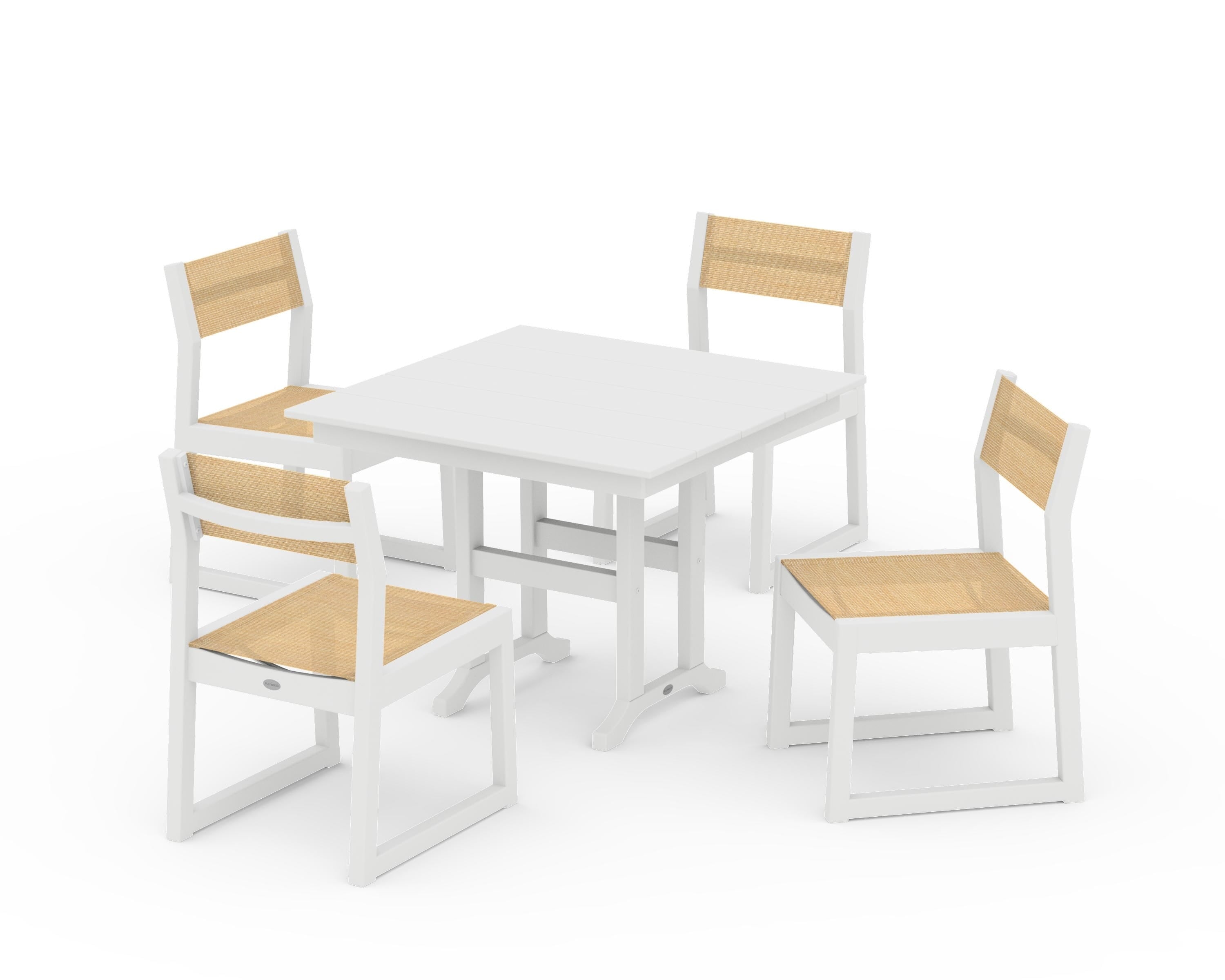 POLYWOOD® EDGE Sling Side Chair 5-Piece Farmhouse Dining Set in White / Dupioni Apricot Sling