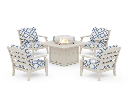 Draper James™ by  POLYWOOD® Savannah 5-Piece Deep Seating Set with Fire Pit Table in Sand / Trellis Sky Blue