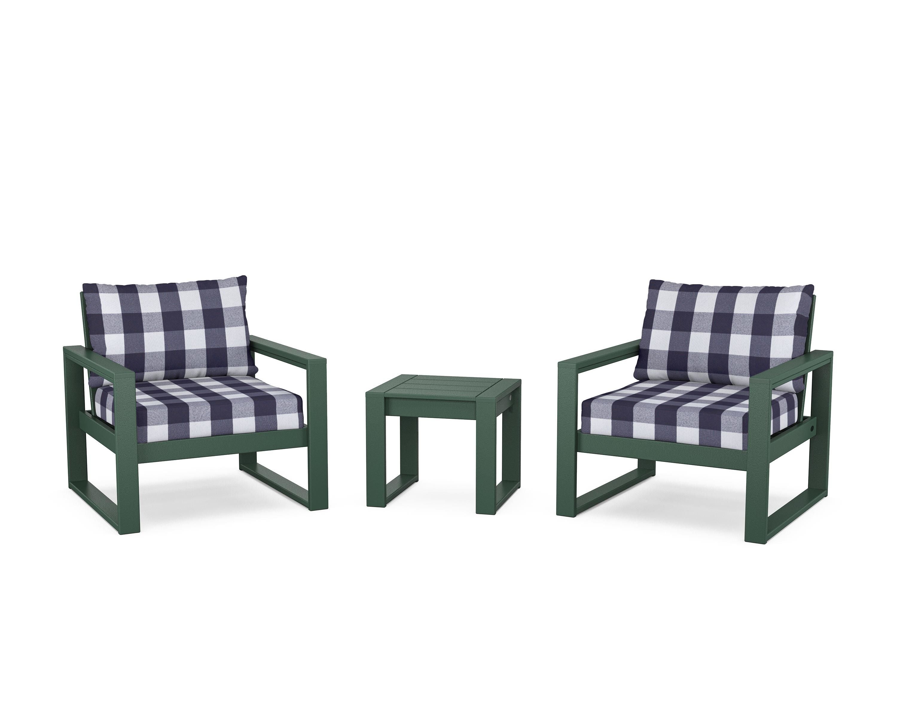 POLYWOOD® EDGE Sectional 3-Piece Deep Seating Set in Green / Buffalo Plaid Navy