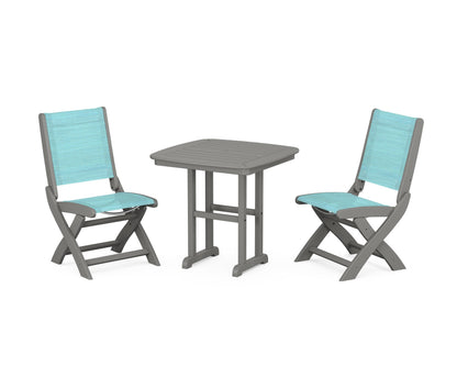 POLYWOOD® Coastal Folding Side Chair 3-Piece Dining Set in Slate Grey / Dupioni Aquamarine Sling
