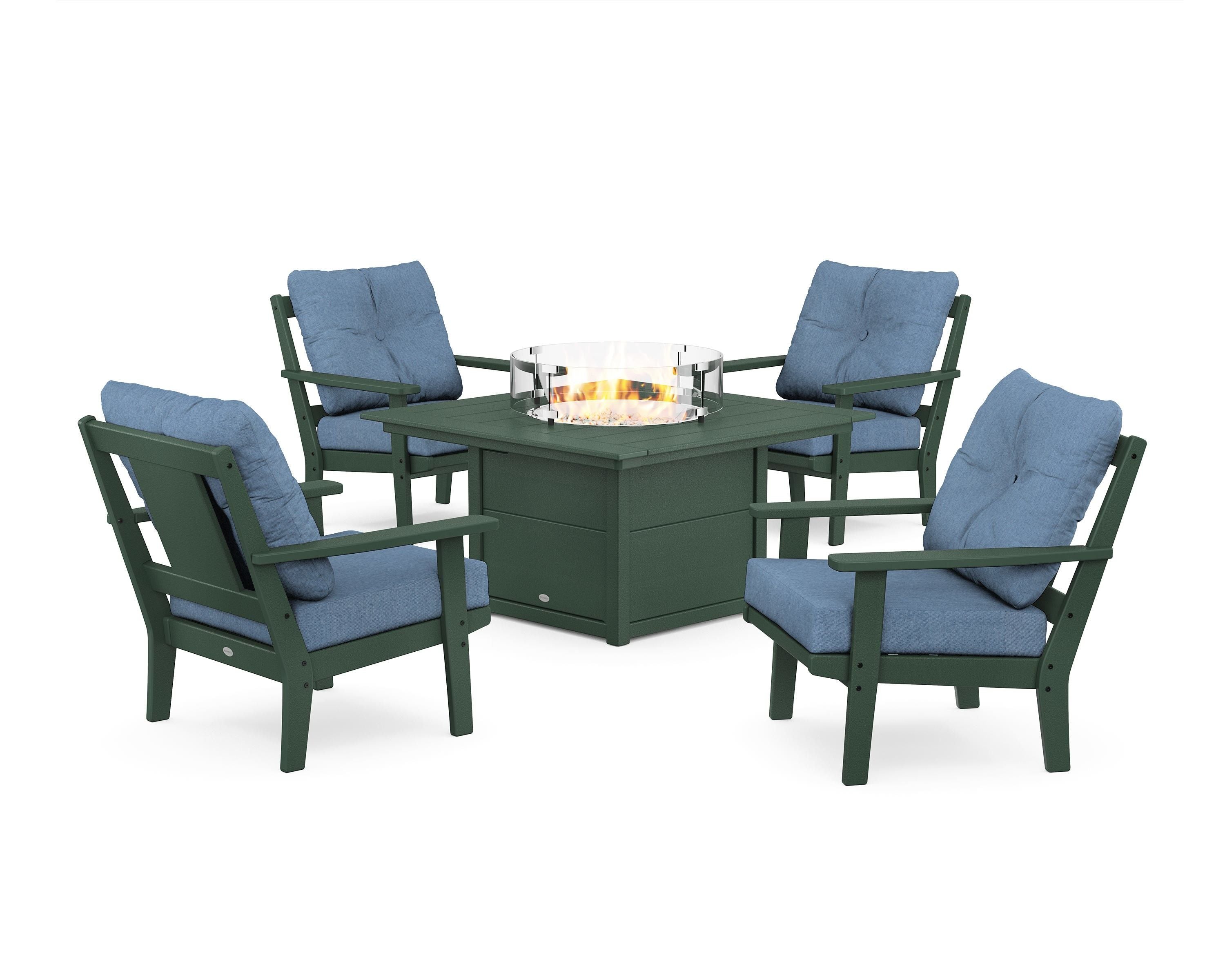 POLYWOOD® Prairie 5-Piece Deep Seating Set with Fire Pit Table in Green / Sky Blue