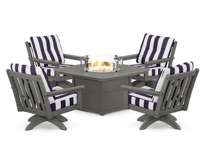 POLYWOOD® Vineyard 5-Piece Deep Seating Swivel Conversation Set with Fire Pit Table in Slate Grey / Cabana Stripe Navy