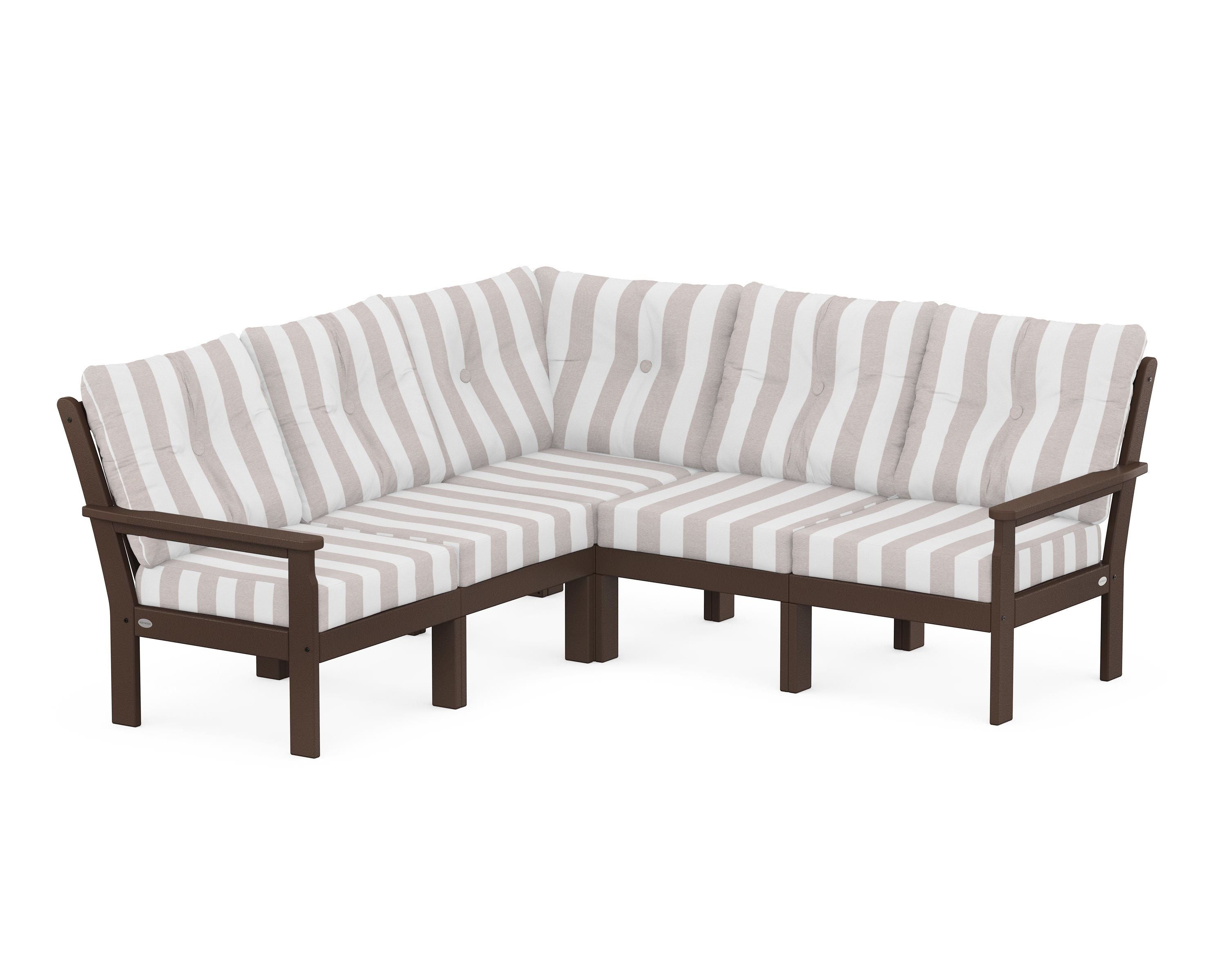 POLYWOOD® Vineyard 5-Piece Sectional in Mahogany / Cabana Stripe Dune Burlap