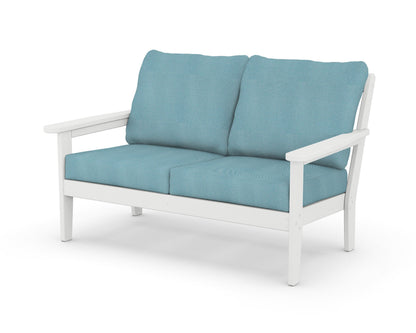Country Living Cottage Deep Seating Loveseat in White / Lattice Sky Blue