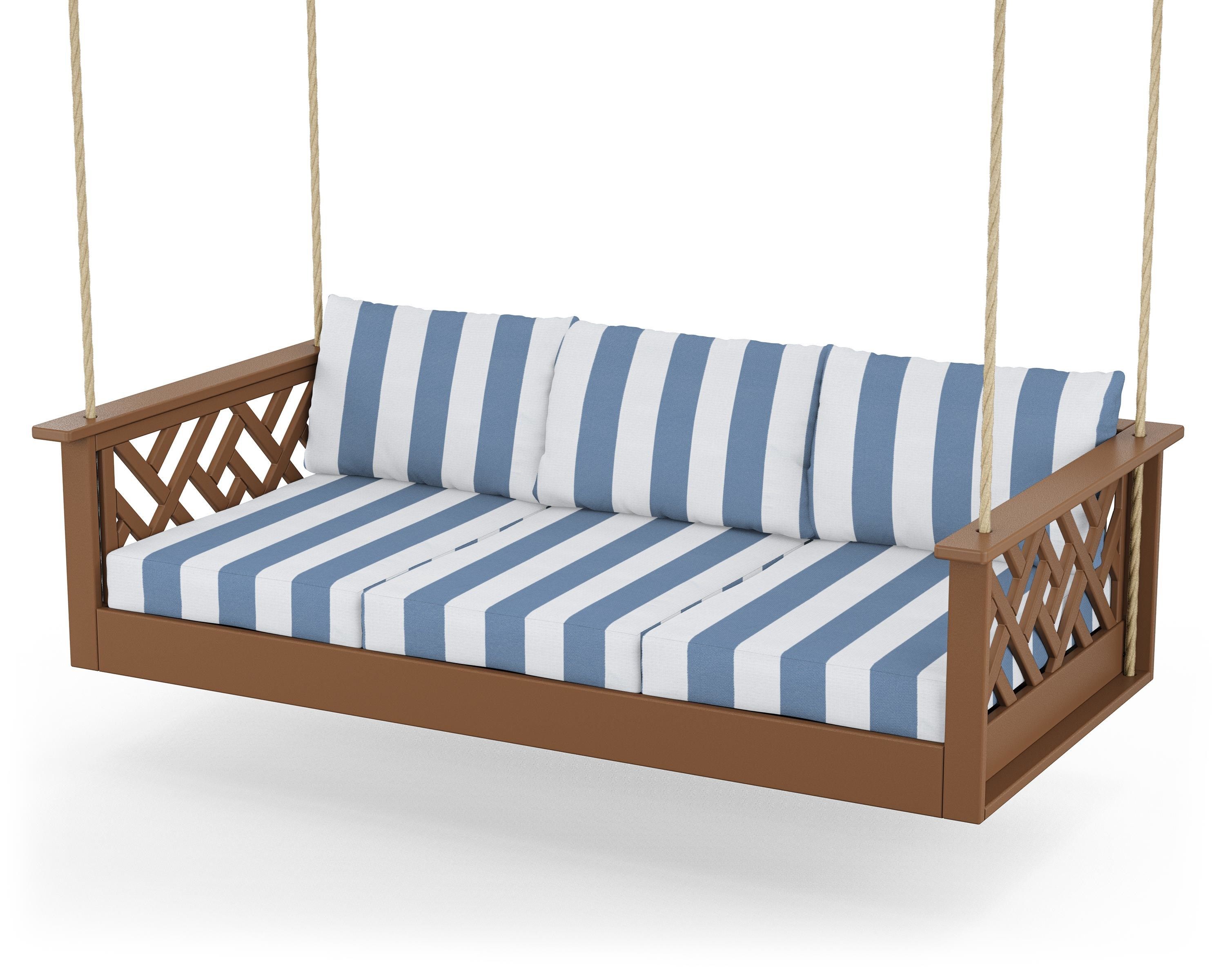 POLYWOOD® Chippendale Daybed Swing in Teak / Cabana Stripe Sky Blue