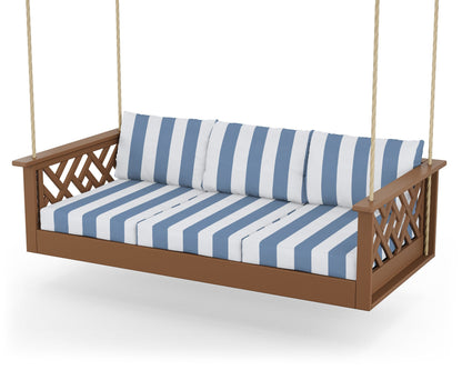 POLYWOOD® Chippendale Daybed Swing in Teak / Cabana Stripe Sky Blue
