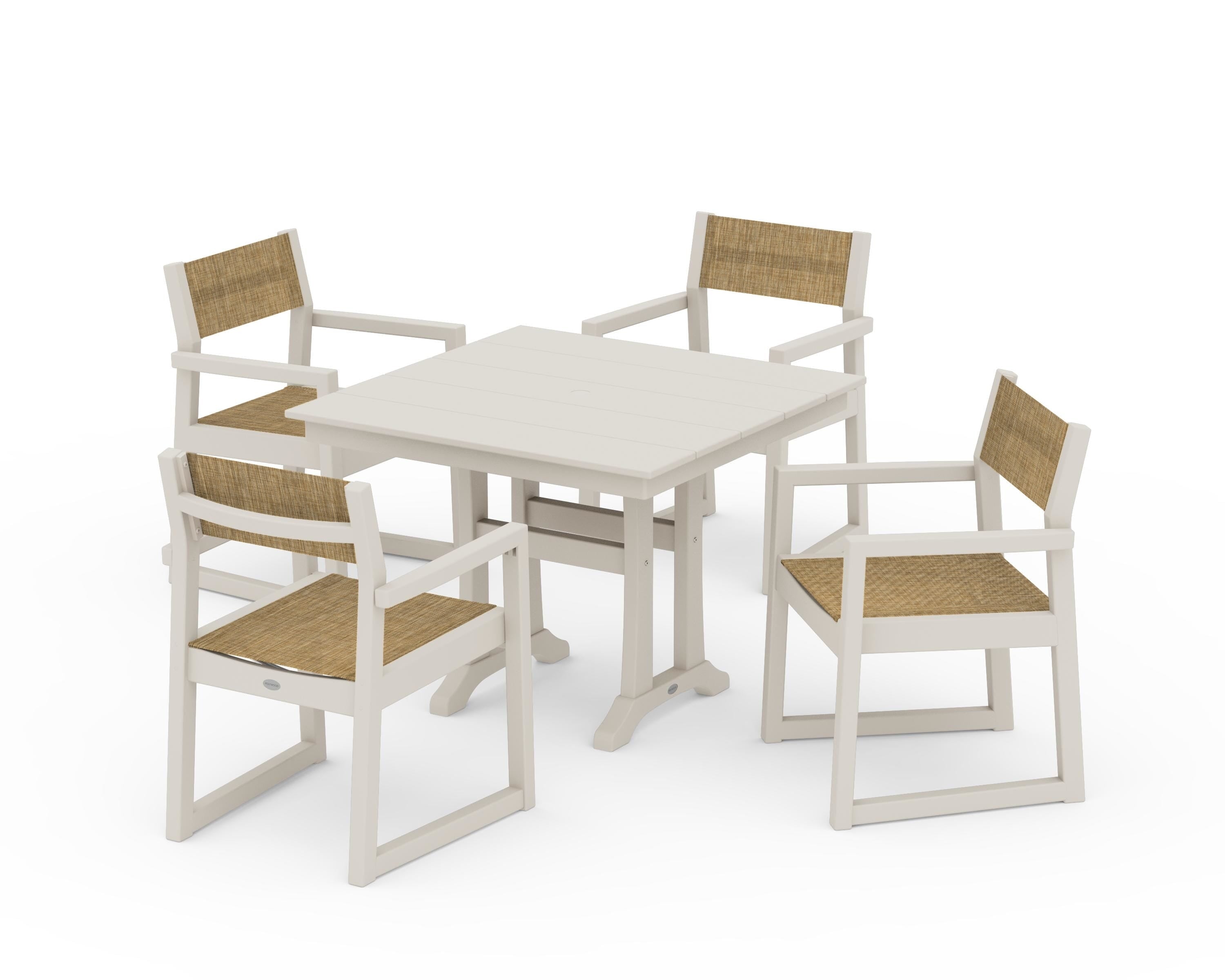 POLYWOOD® EDGE Sling 5-Piece Farmhouse Dining Set with Trestle Legs in Sand / Burlap Sling