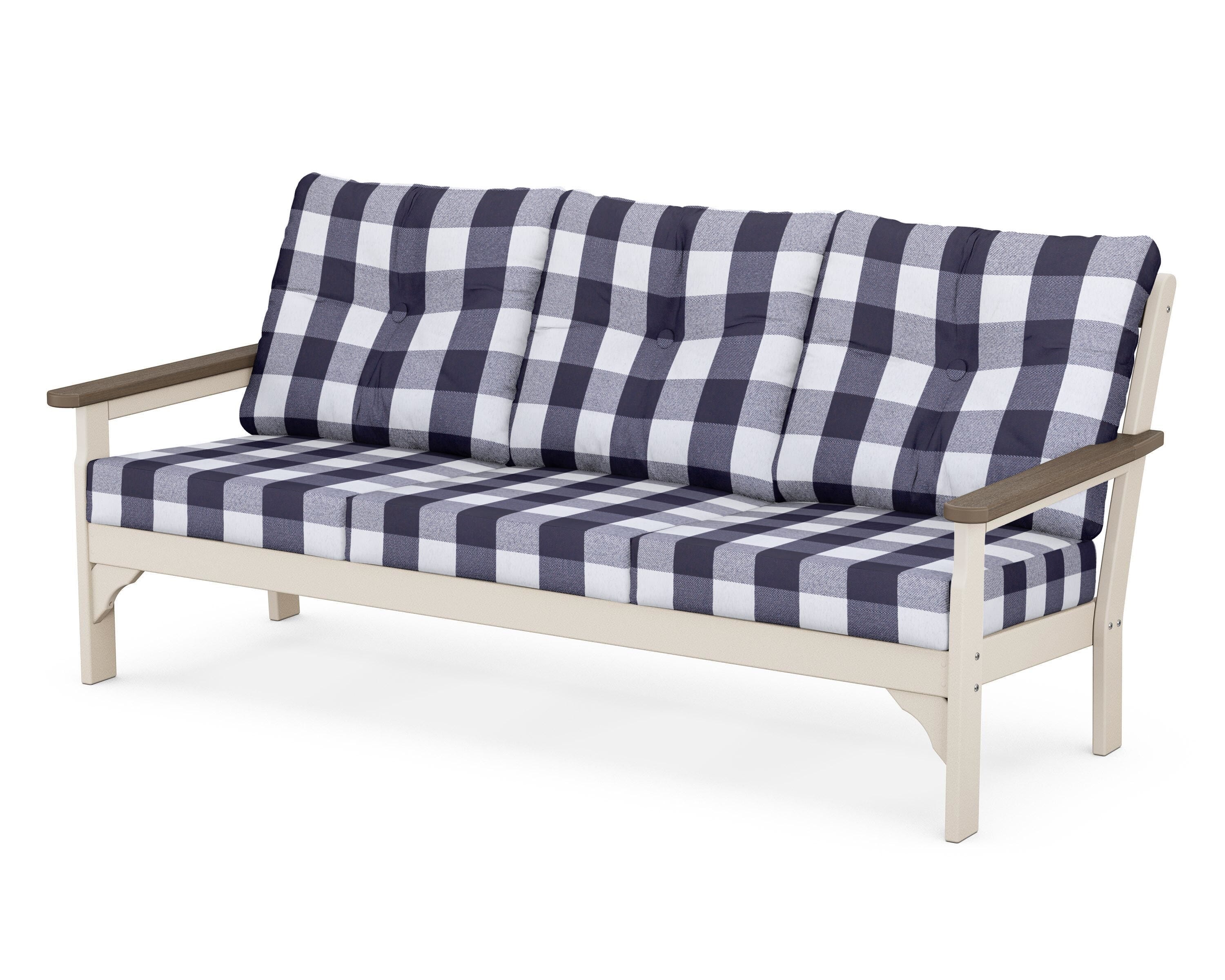 POLYWOOD® Vineyard Deep Seating Sofa in Sand / Kona / Buffalo Plaid Navy