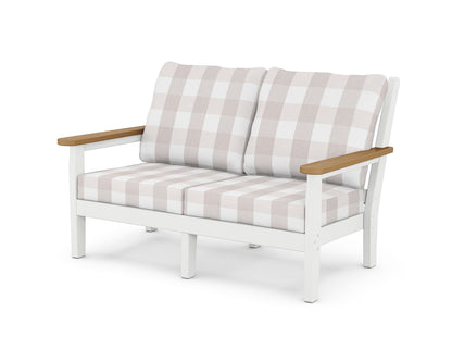 POLYWOOD® Chippendale Deep Seating Loveseat in White / Natural / Buffalo Plaid Dune Burlap