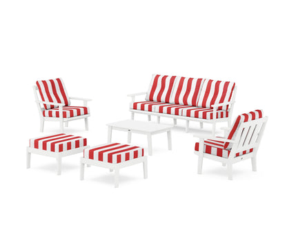 POLYWOOD® Oxford 6-Piece Lounge Sofa Set in White / Cabana Stripe Crimson