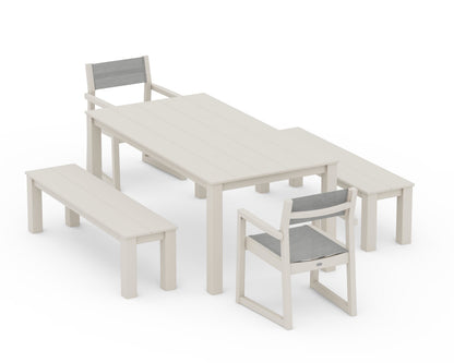 POLYWOOD® EDGE Sling Arm Chair 5-Piece Parsons Dining Set with Benches in Sand / Metallic Sling
