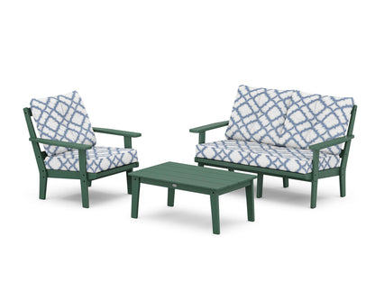 POLYWOOD® Oxford 3-Piece Deep Seating Set with Loveseat in Green / Trellis Sky Blue