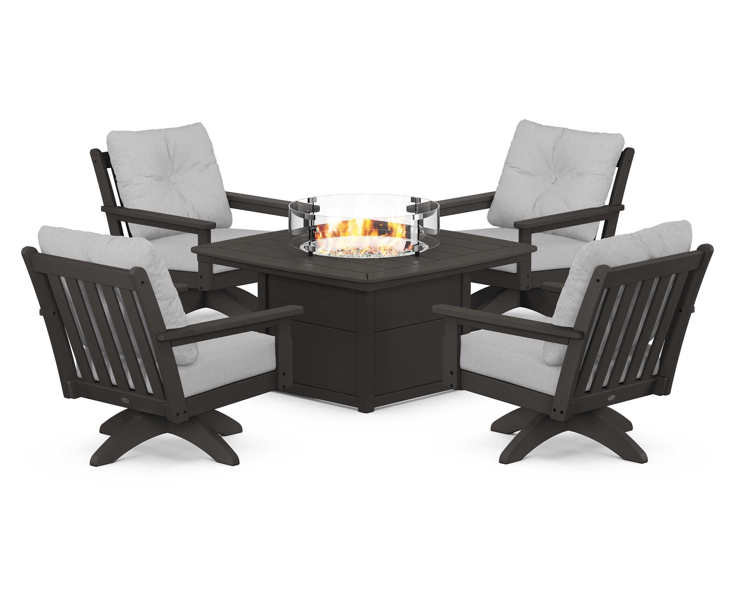POLYWOOD® Vineyard 5-Piece Deep Seating Swivel Conversation Set with Fire Pit Table in Vintage Coffee / Granite