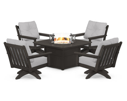 POLYWOOD® Vineyard 5-Piece Deep Seating Swivel Conversation Set with Fire Pit Table in Vintage Coffee / Granite