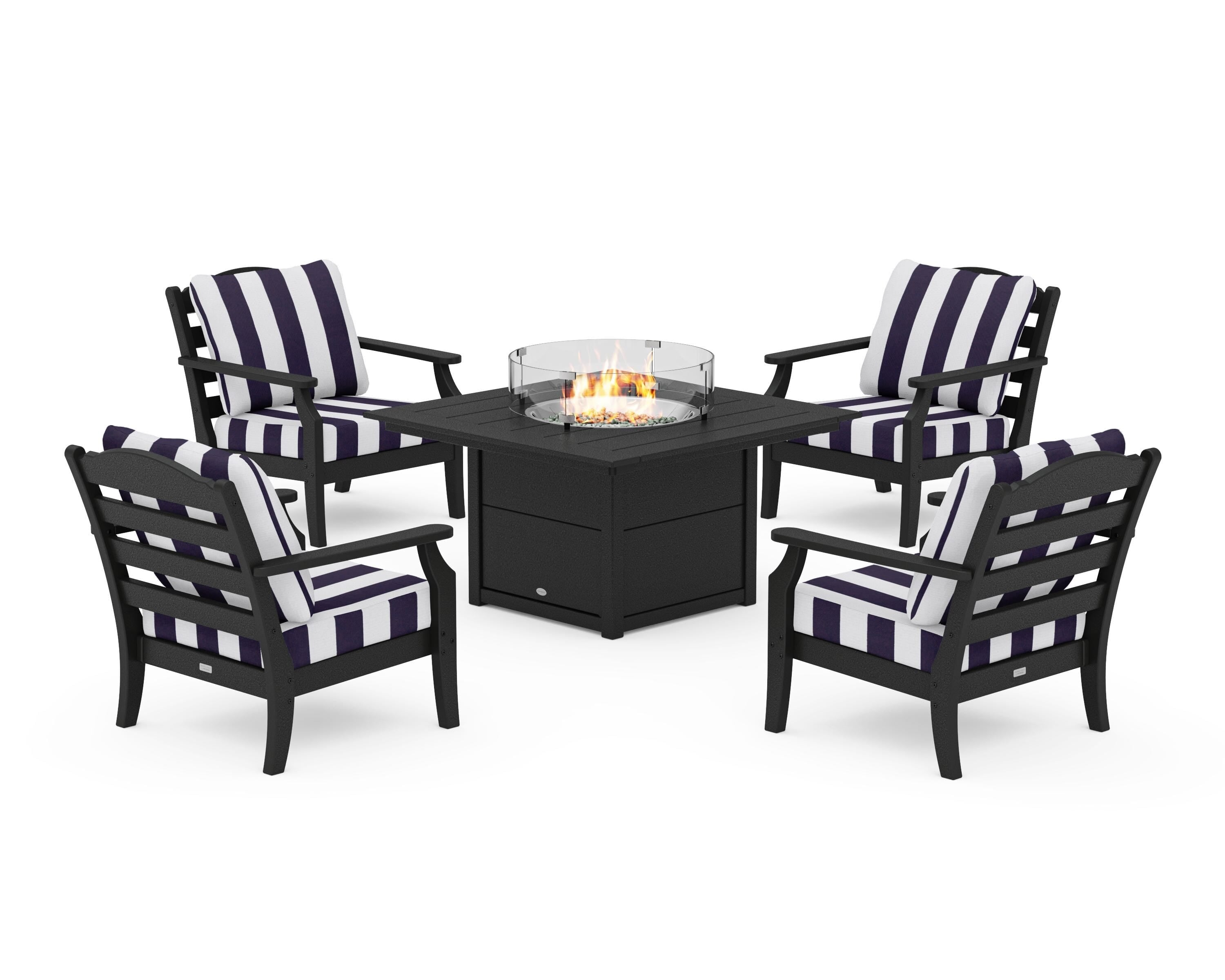 Draper James™ by  POLYWOOD® Savannah 5-Piece Deep Seating Set with Fire Pit Table in Black / Cabana Stripe Navy
