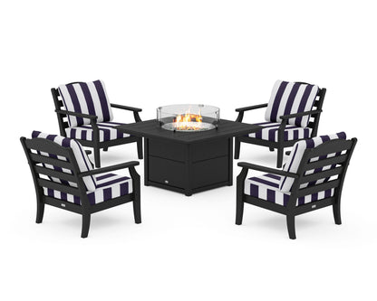 Draper James™ by  POLYWOOD® Savannah 5-Piece Deep Seating Set with Fire Pit Table in Black / Cabana Stripe Navy