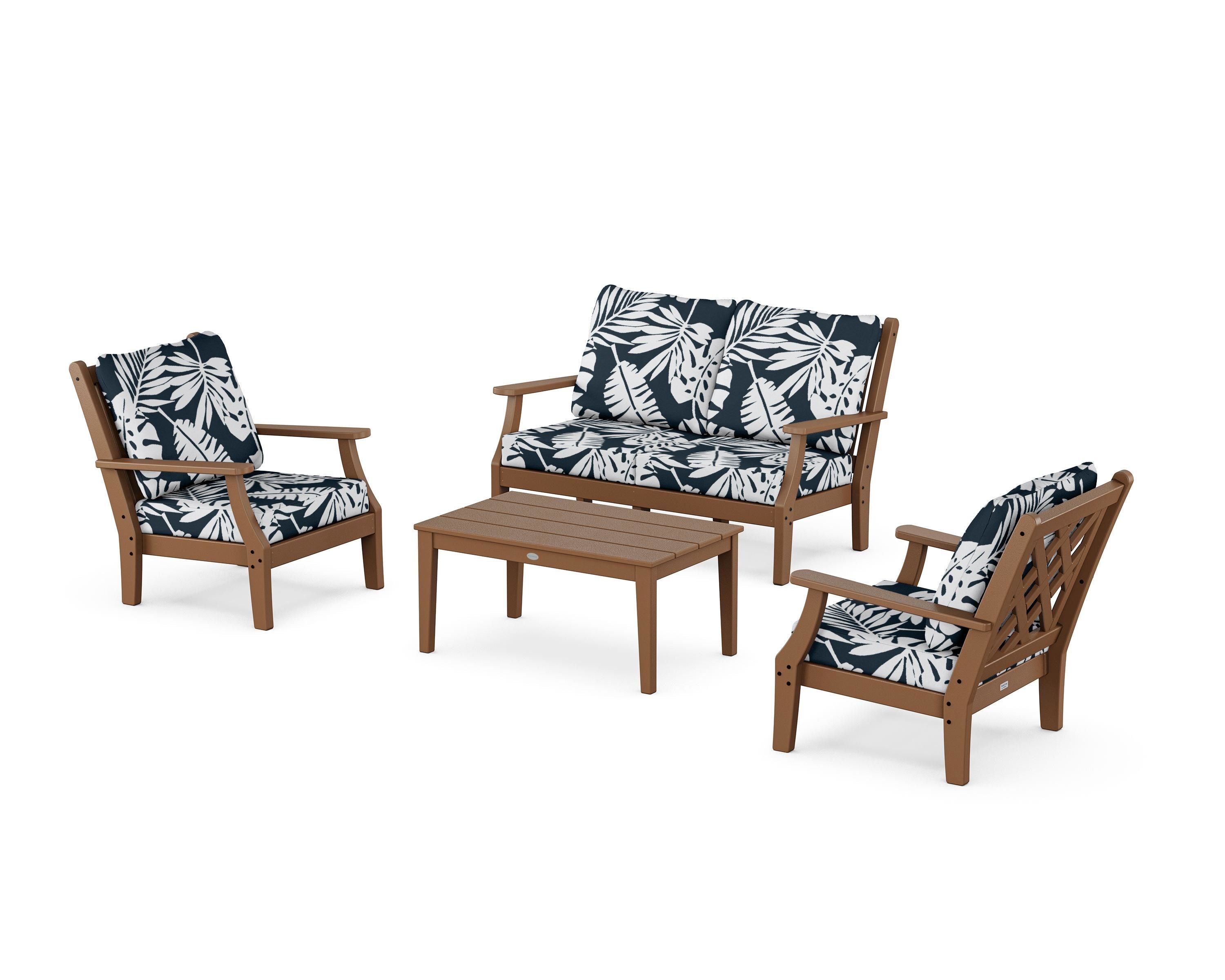 Country Living Wovendale 4-Piece Deep Seating Set with Loveseat in Teak / Leaf Marine Indigo