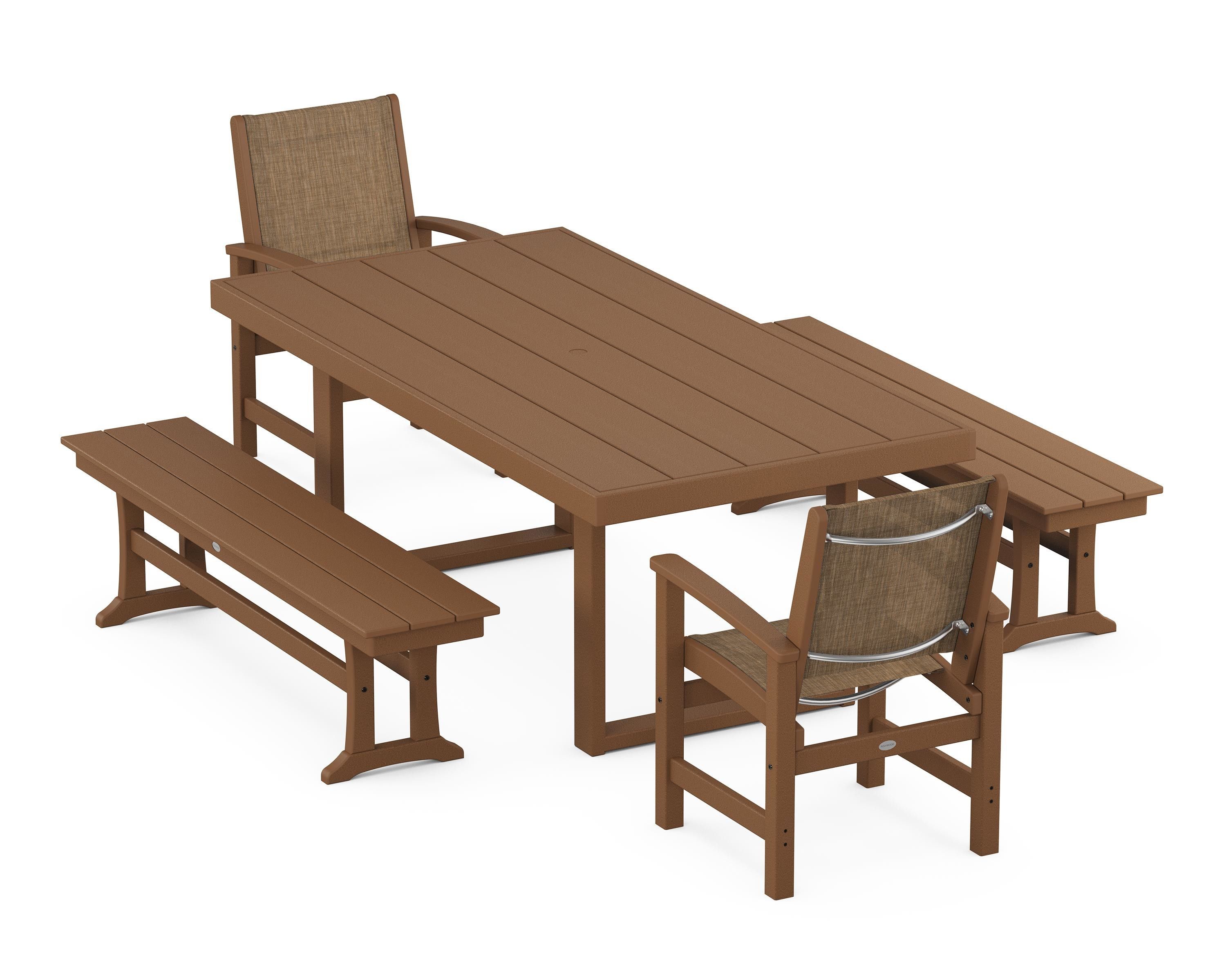 POLYWOOD® Coastal 5-Piece Dining Set with Trestle Legs in Teak / Burlap Sling