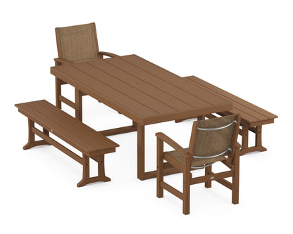 POLYWOOD® Coastal 5-Piece Dining Set with Trestle Legs in Teak / Burlap Sling