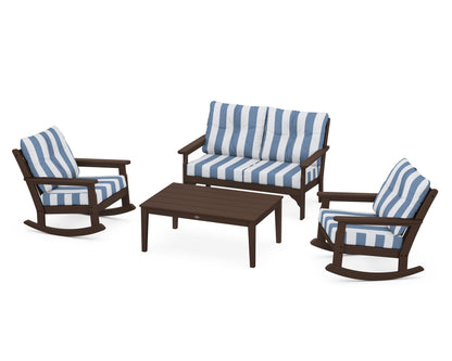 POLYWOOD® Vineyard 4-Piece Deep Seating Rocking Chair Set in Mahogany / Cabana Stripe Sky Blue