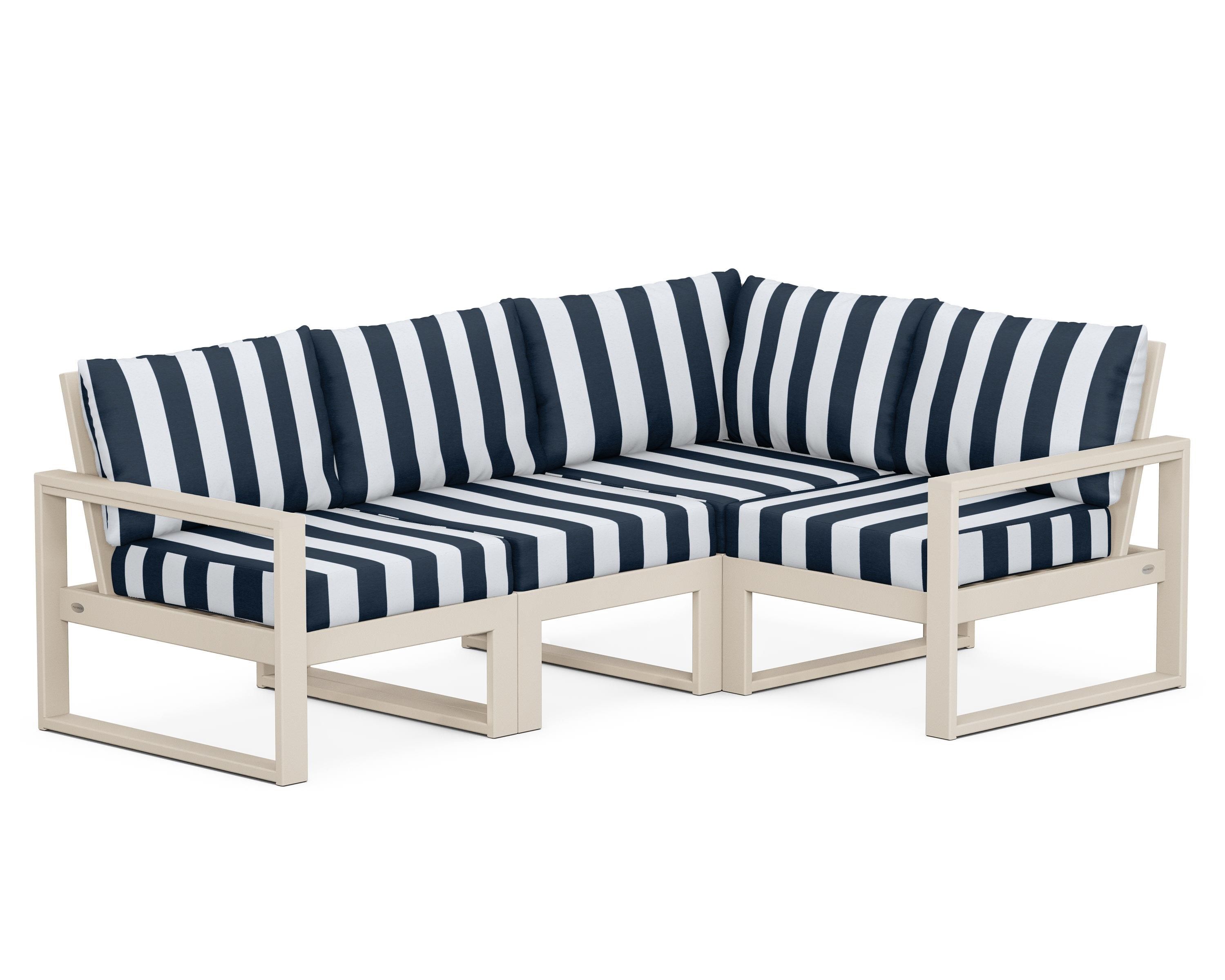POLYWOOD® EDGE 4-Piece Modular Deep Seating Set in Sand / Cabana Stripe Marine Indigo