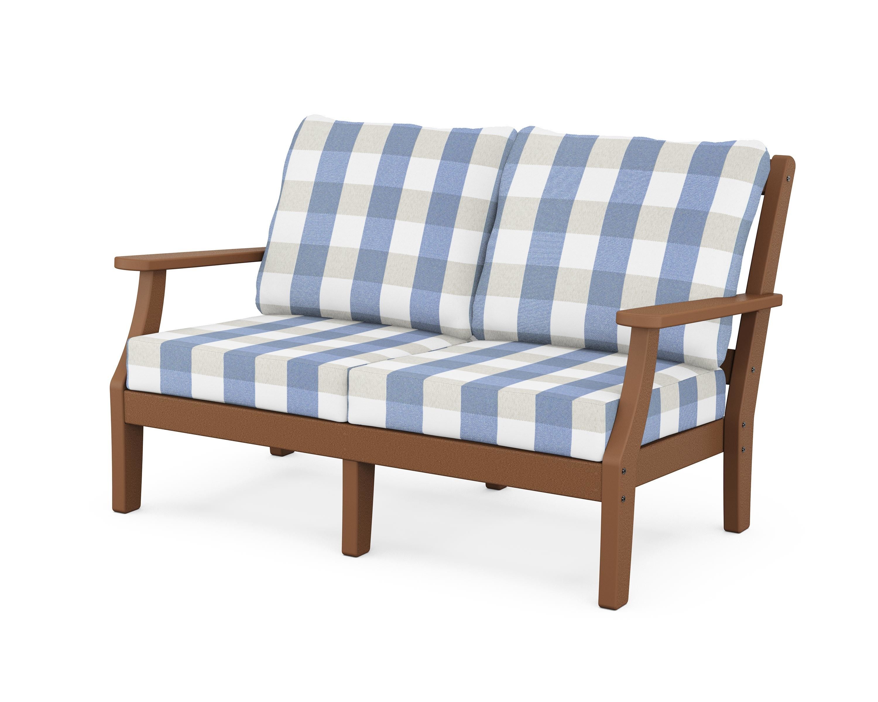 Martha Stewart by POLYWOOD® Chinoiserie Deep Seating Loveseat in Teak / Buffalo Plaid Sky Blue