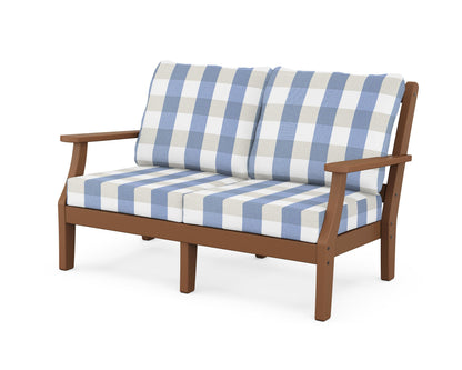 Martha Stewart by POLYWOOD® Chinoiserie Deep Seating Loveseat in Teak / Buffalo Plaid Sky Blue