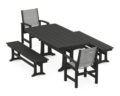 POLYWOOD® Coastal 5-Piece Dining Set with Trestle Legs and Benches in Black / Metallic Sling