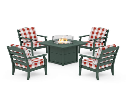 Draper James™ by  POLYWOOD® Savannah 5-Piece Deep Seating Set with Fire Pit Table in Green / Buffalo Plaid Crimson