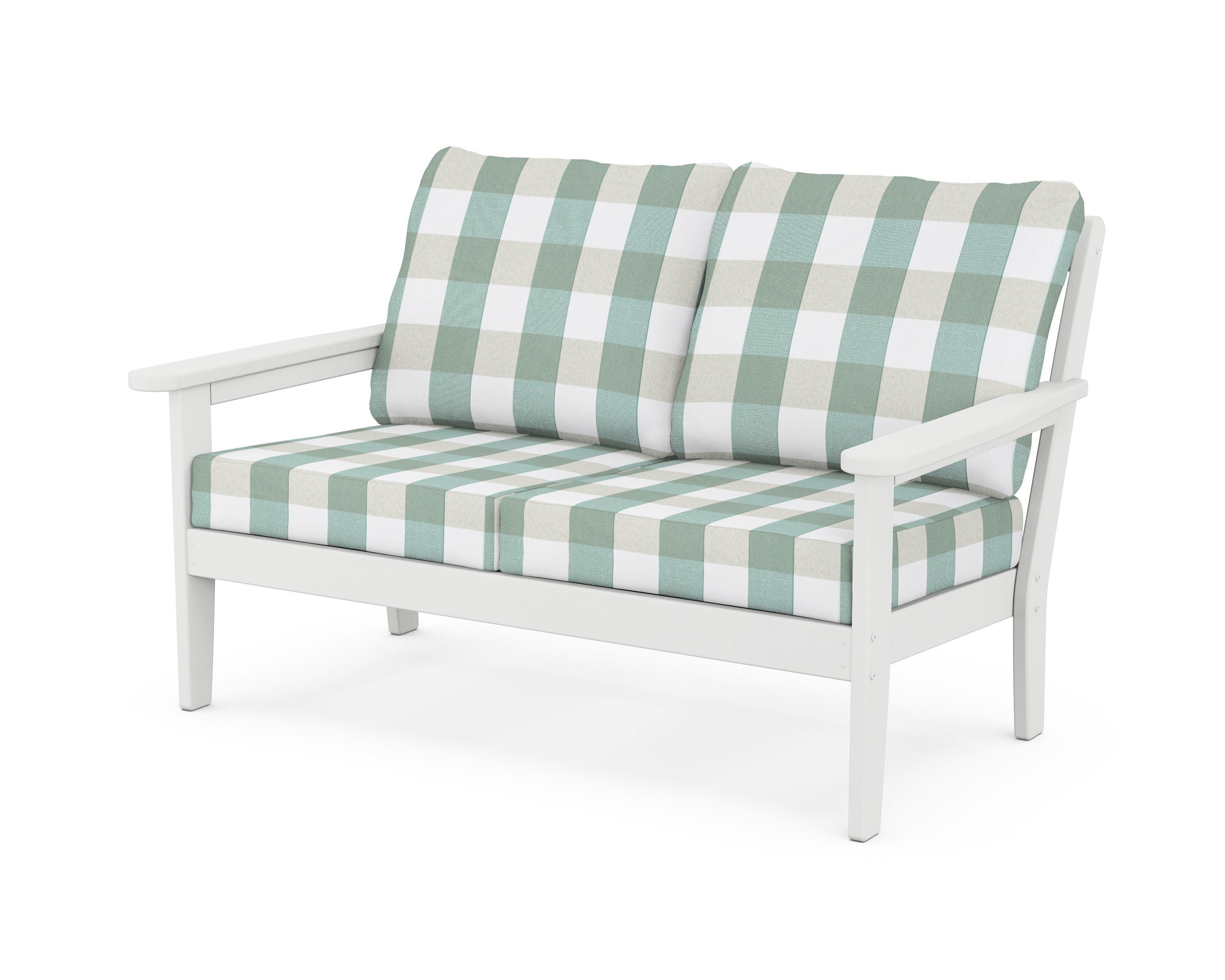 Country Living Cottage Deep Seating Loveseat in White / Buffalo Plaid Glacier Spa