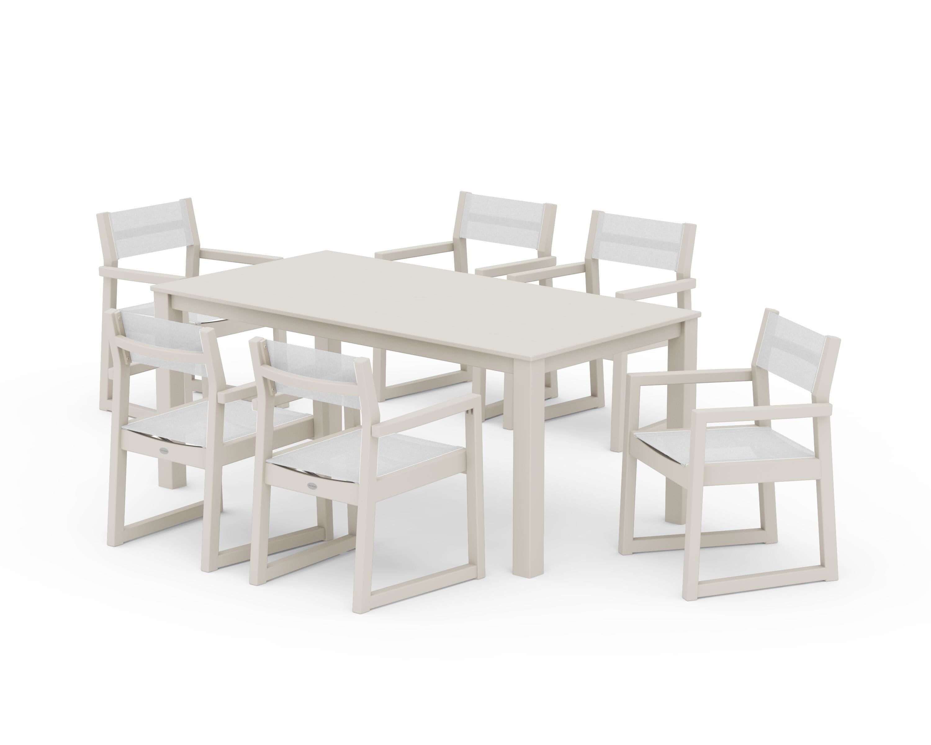 POLYWOOD® EDGE Sling Arm Chair 7-Piece Parsons Dining Set in Sand / White Sling