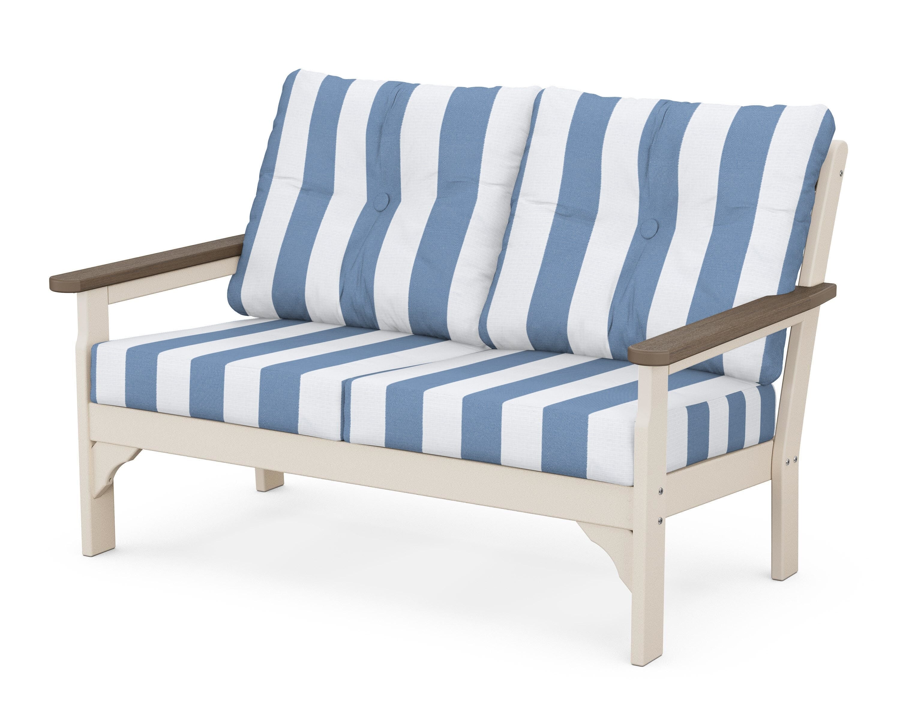 POLYWOOD® Vineyard Deep Seating Loveseat in Sand / Kona / Cabana Stripe Sky Blue