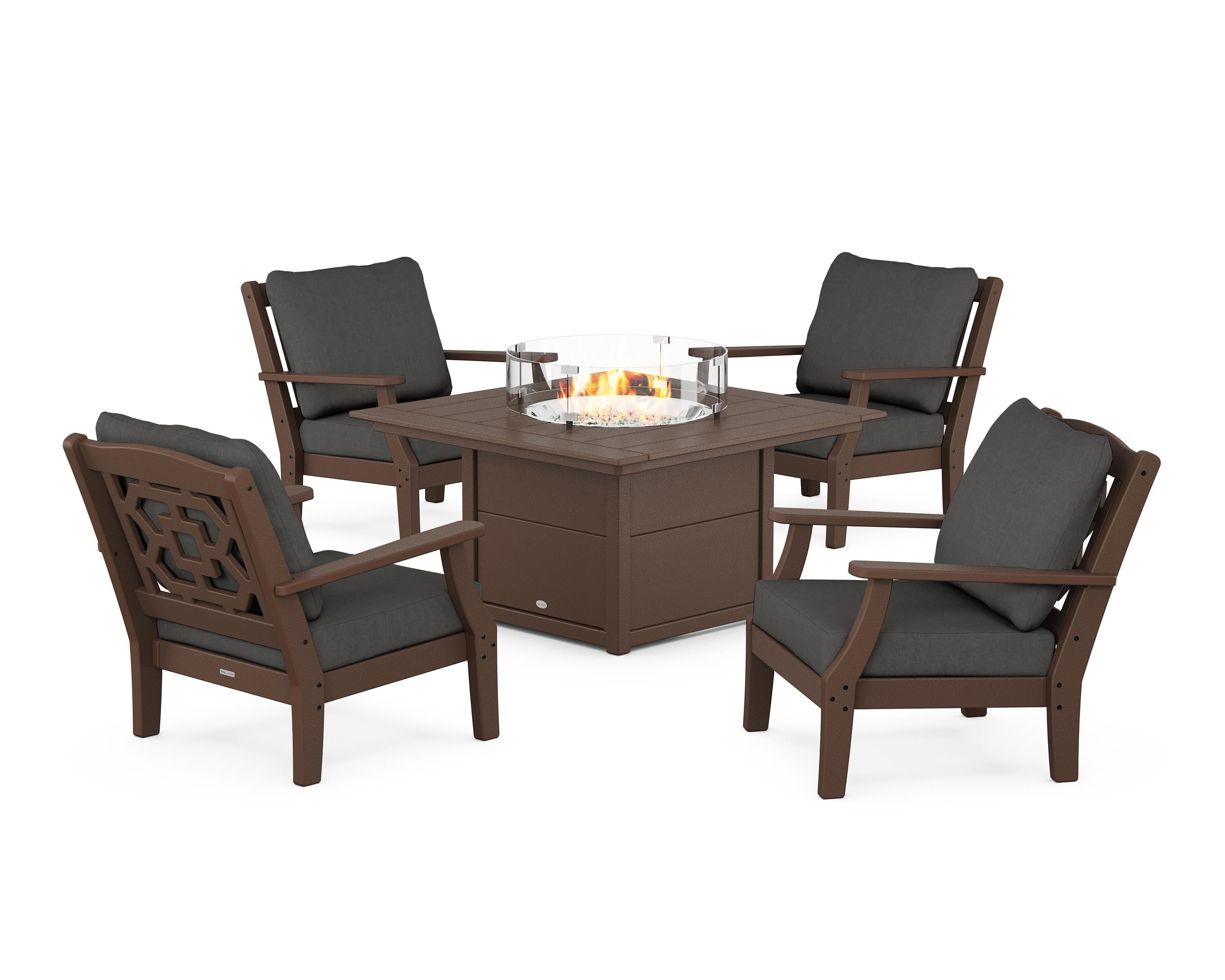 Martha Stewart by POLYWOOD® Chinoiserie 5-Piece Deep Seating Set with Fire Pit Table in Mahogany / Spectrum Carbon