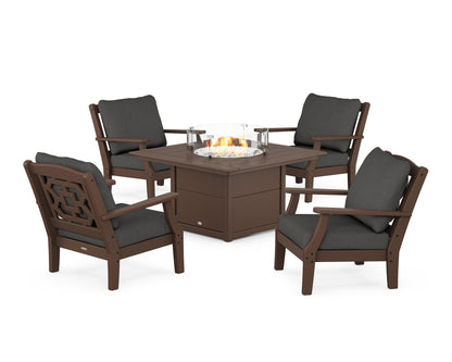 Martha Stewart by POLYWOOD® Chinoiserie 5-Piece Deep Seating Set with Fire Pit Table in Mahogany / Spectrum Carbon