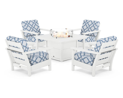POLYWOOD® Harbour 5-Piece Conversation Set with Fire Pit Table in White / Trellis Sky Blue