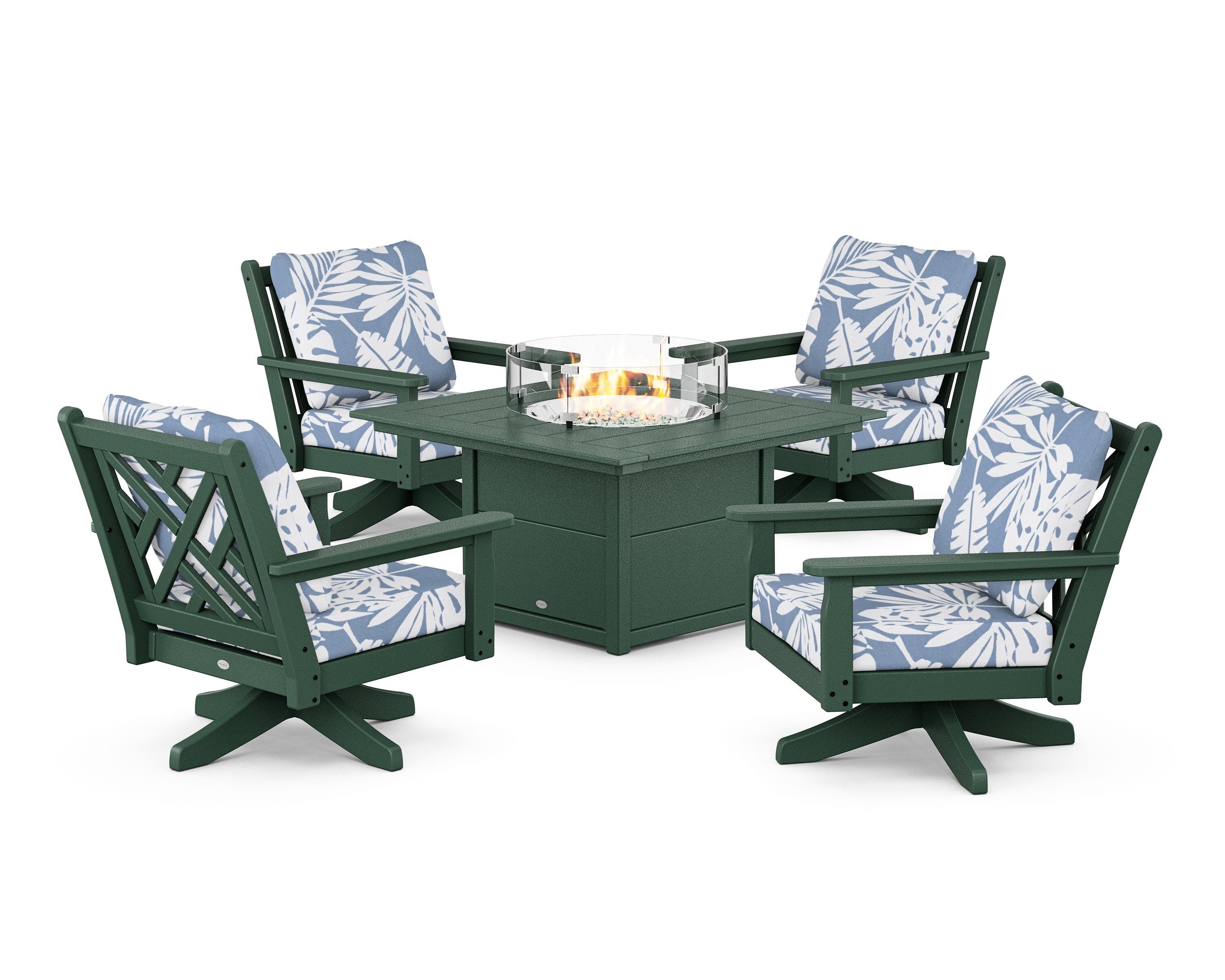 POLYWOOD® Chippendale 5-Piece Deep Seating Swivel Conversation Set with Fire Pit Table in Green / Leaf Sky Blue